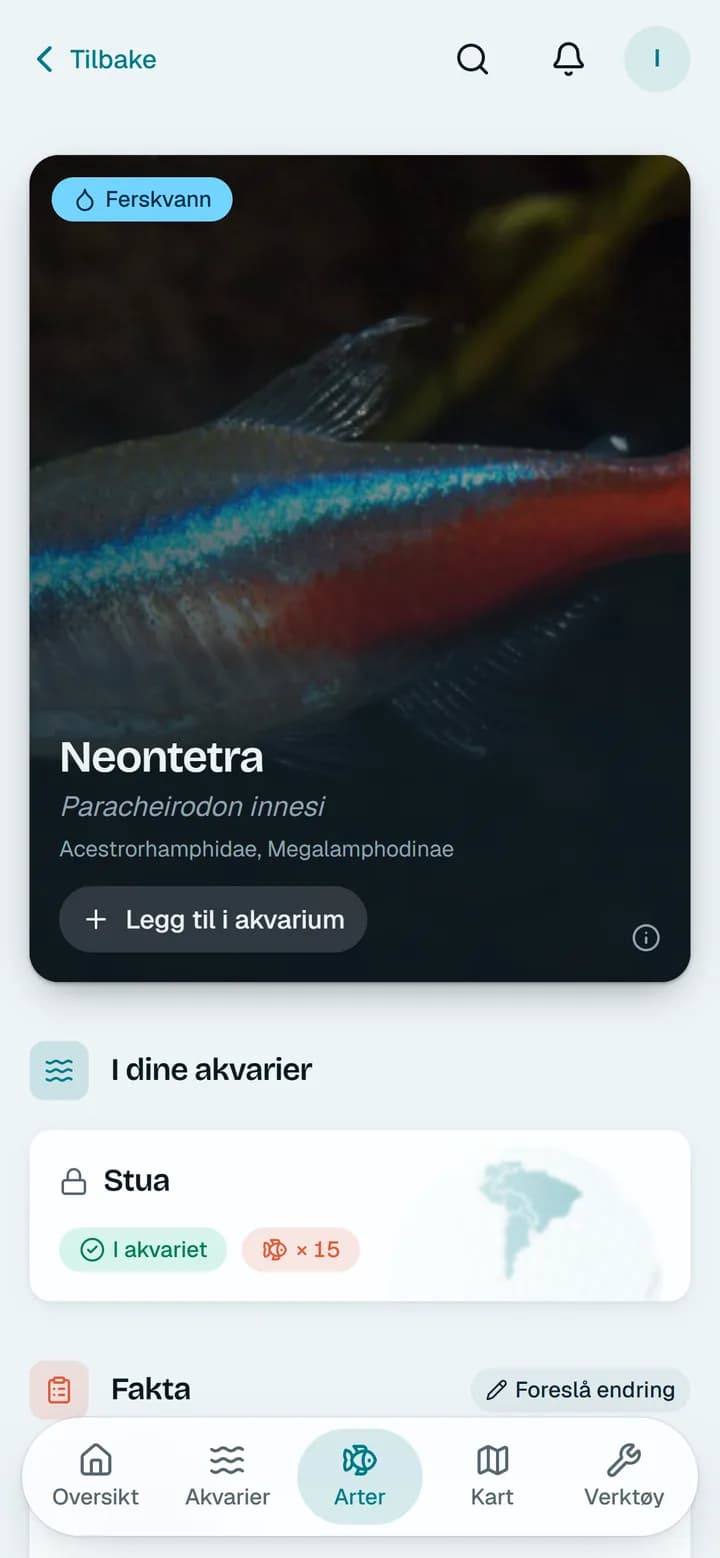 Artssiden for neontetra, med billede, navn og akvarierne den er i
